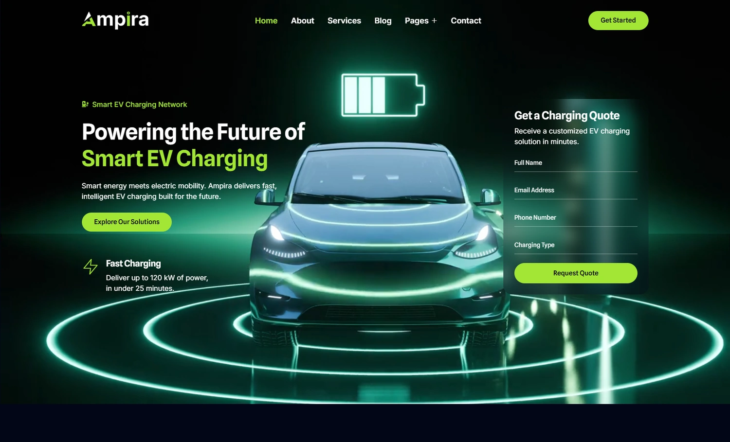 Ampira energy solar WordPress template homepage hero section preview