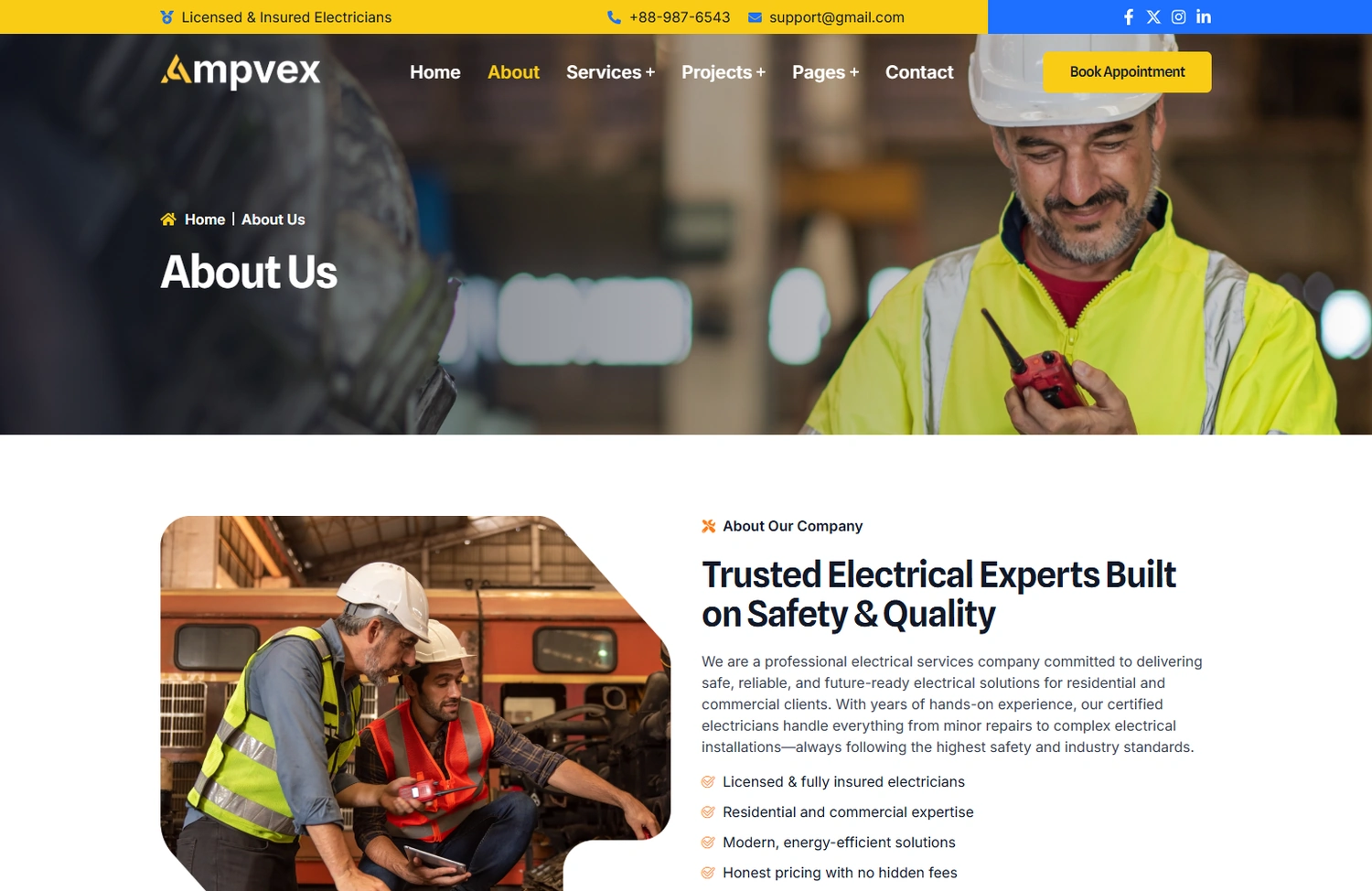 Ampvex WordPress Elementor template About section layout