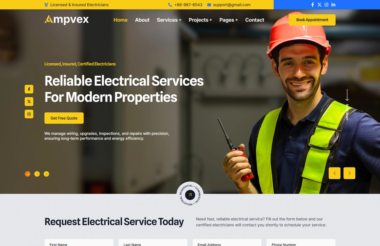 Ampvex repair services WordPress template homepage hero section preview