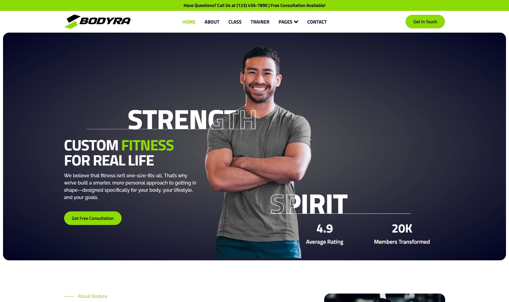 Bodyra - Best fitness personal trainer WordPress Elementor Template Kit
