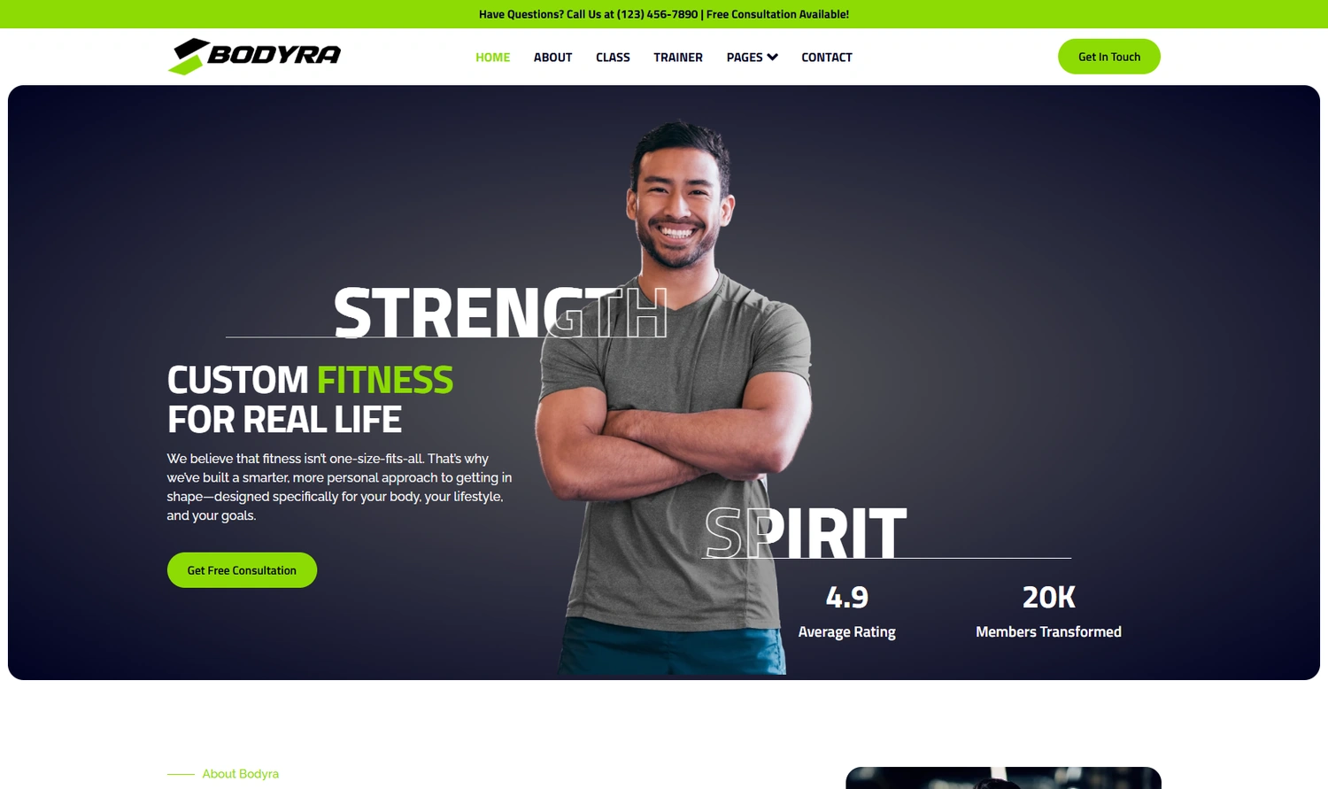 Bodyra specialized business WordPress template homepage hero section preview