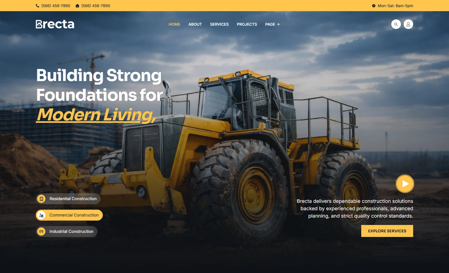 Brecta construction WordPress template homepage hero section preview