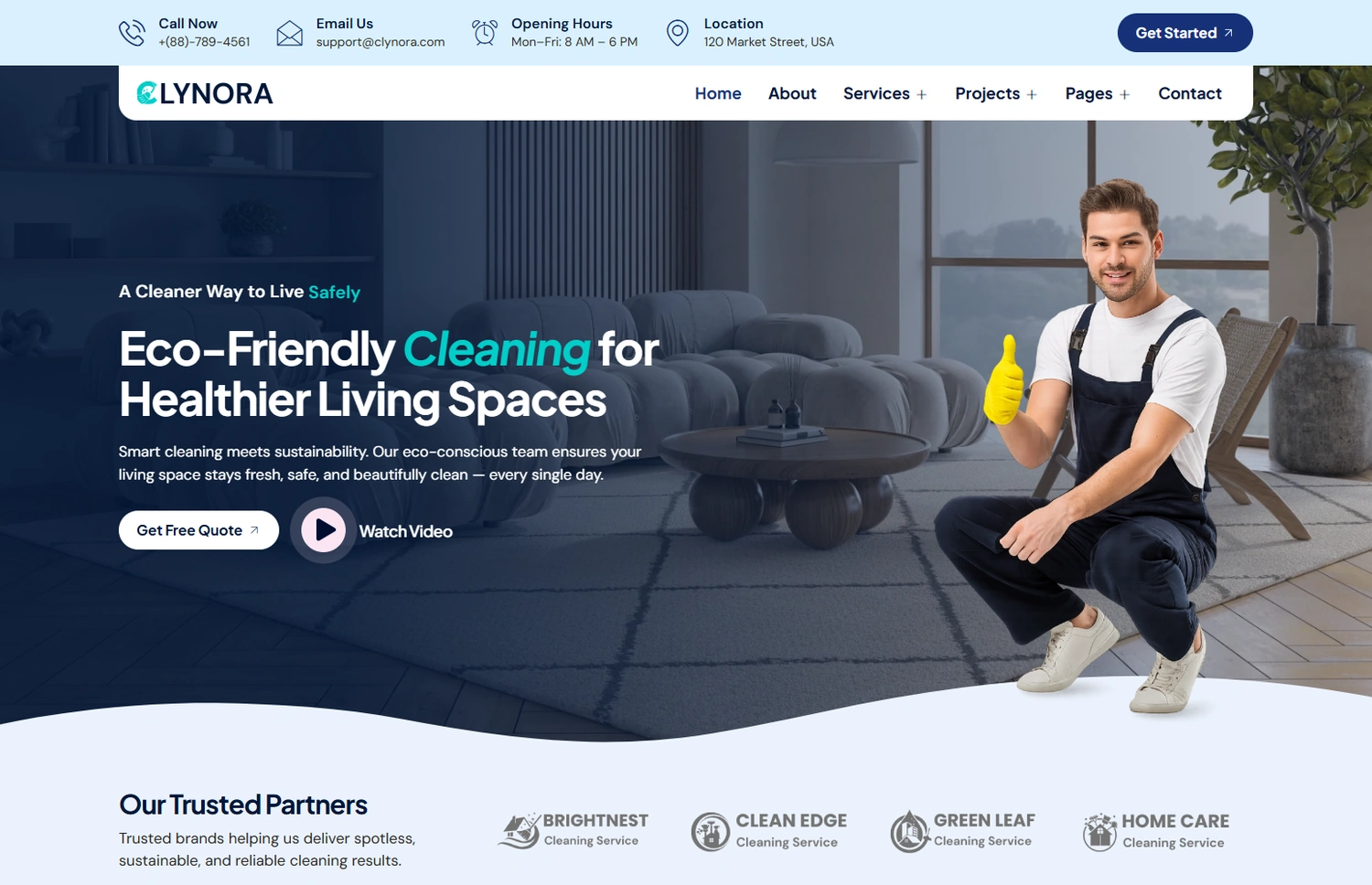 Clynora home services WordPress template homepage hero section preview