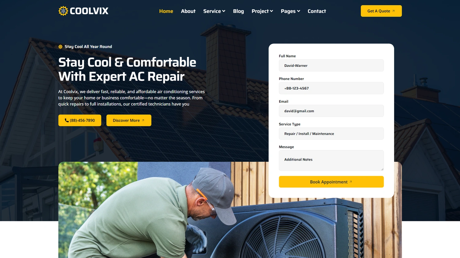 Coolvix home services WordPress template homepage hero section preview