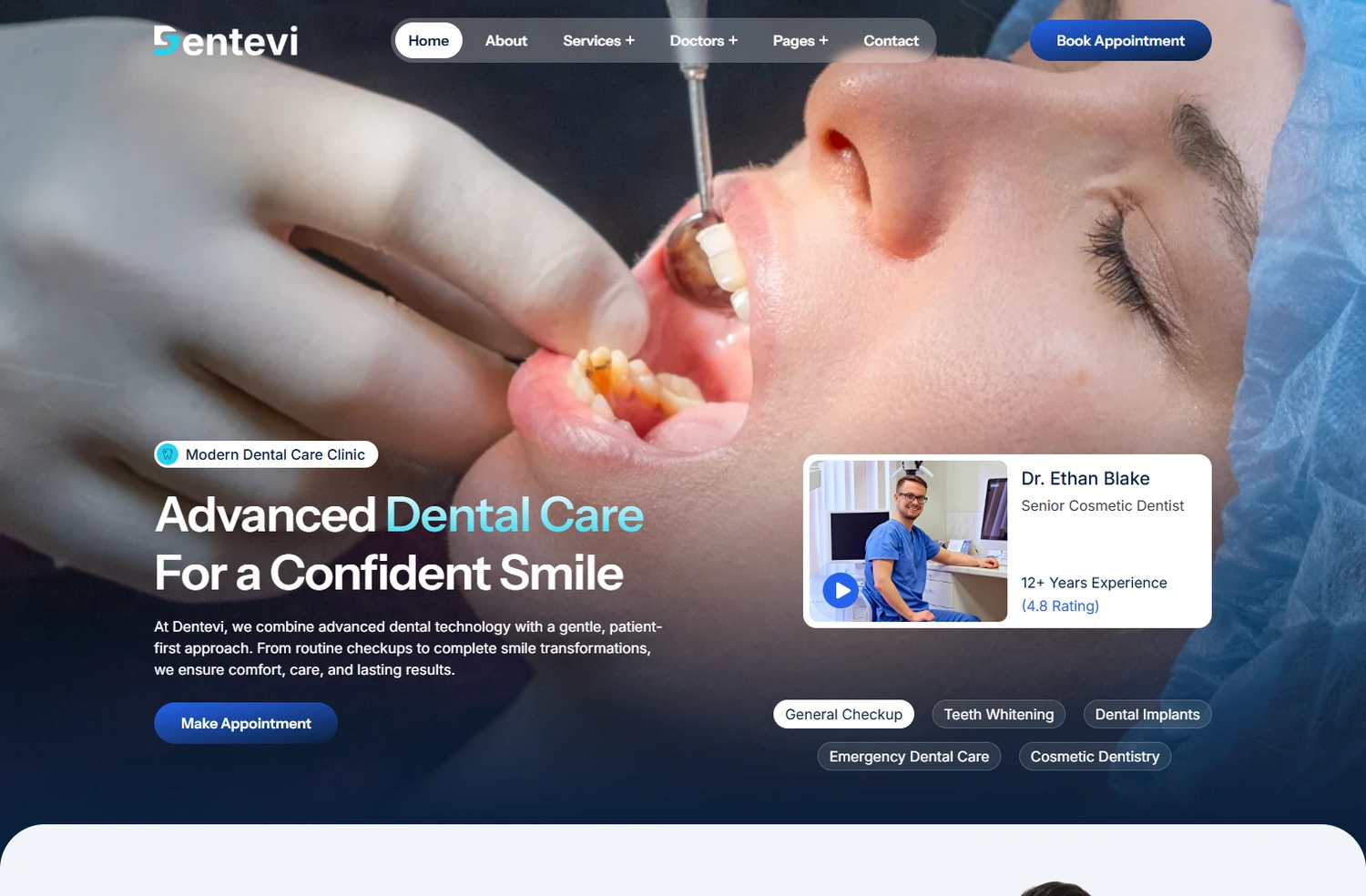 Dentevi healthcare medical WordPress template homepage hero section preview