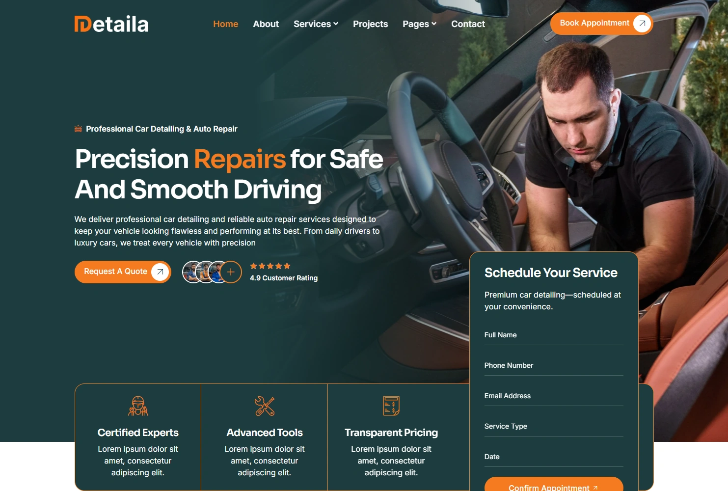 Detaila repair services WordPress template homepage hero section preview