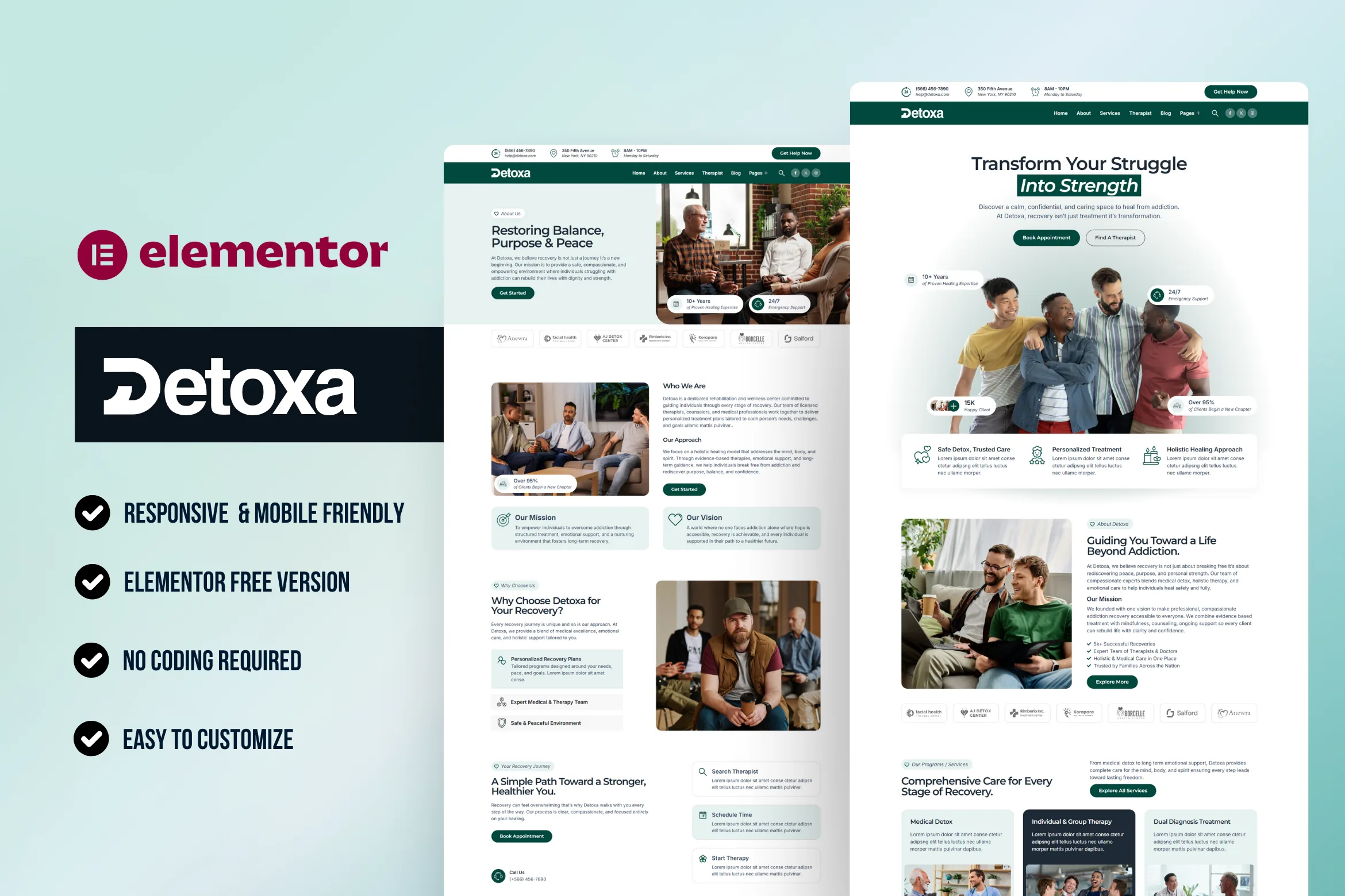 Detoxa - Best addiction mental health WordPress Elementor Template Kit