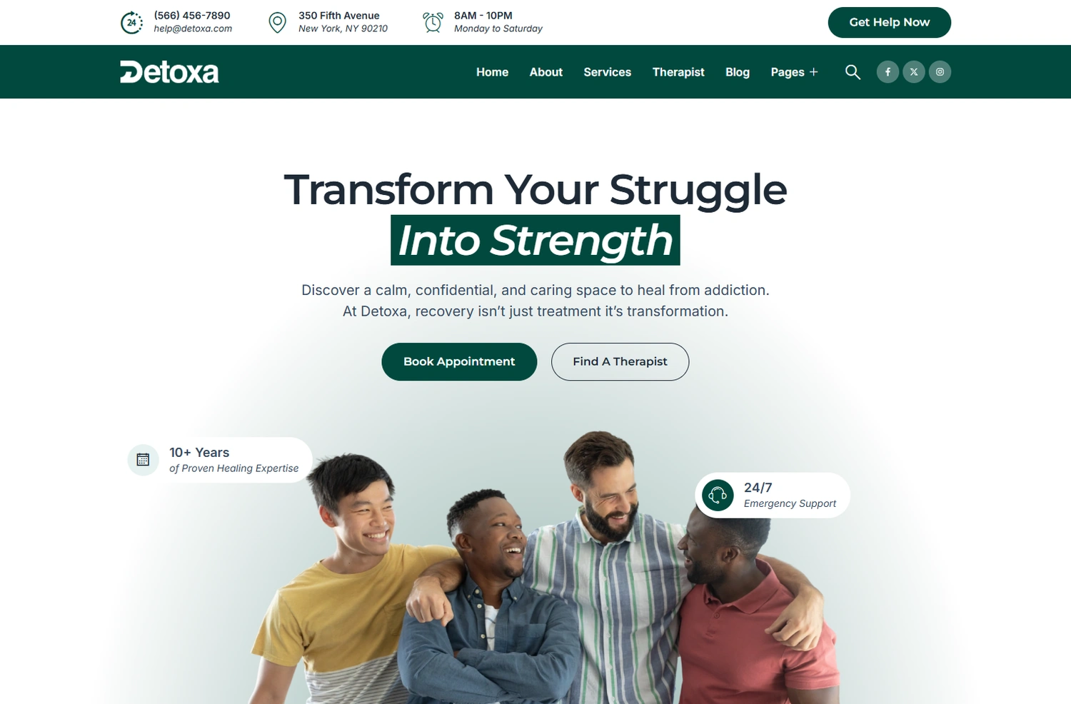 Detoxa addiction mental health WordPress template homepage hero section preview