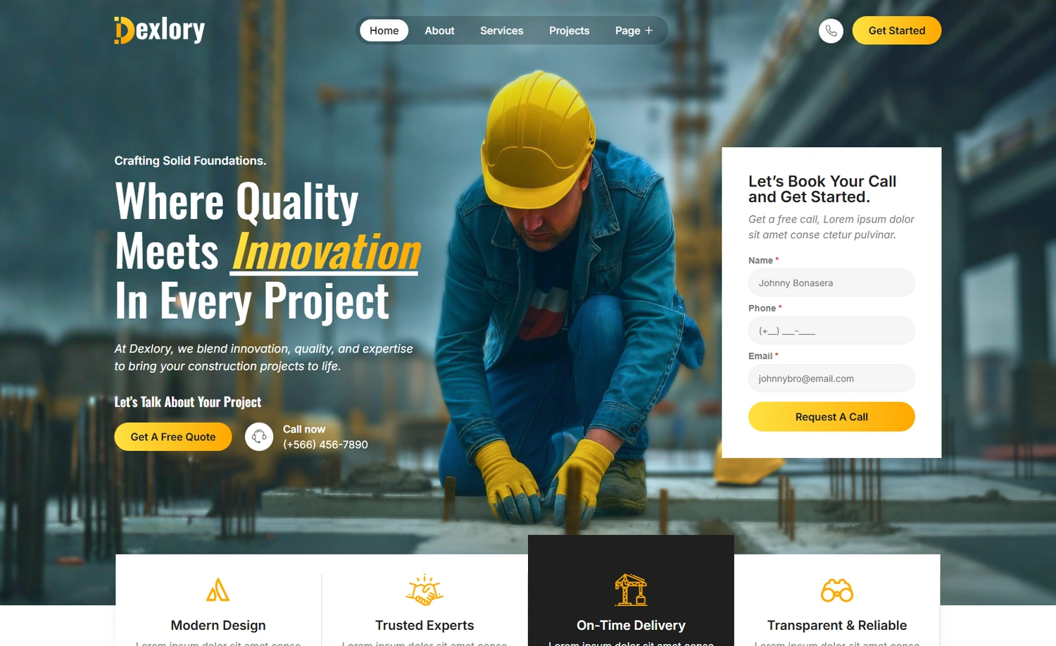 Dexlory construction WordPress template homepage hero section preview