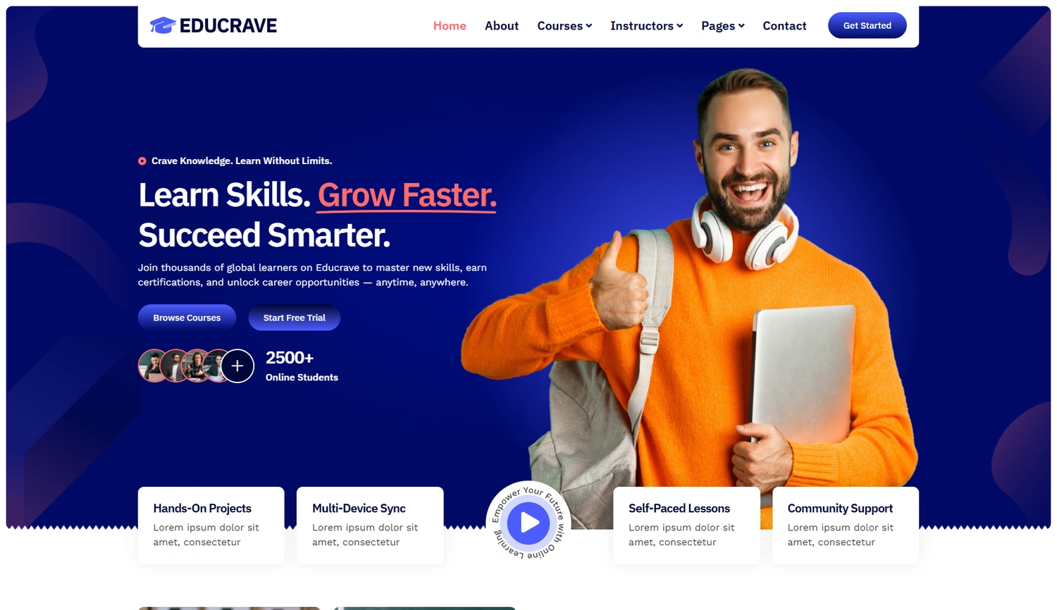 Educrave education creative WordPress template homepage hero section preview