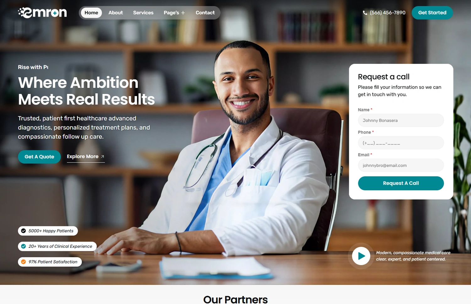 Emron healthcare medical WordPress template homepage hero section preview