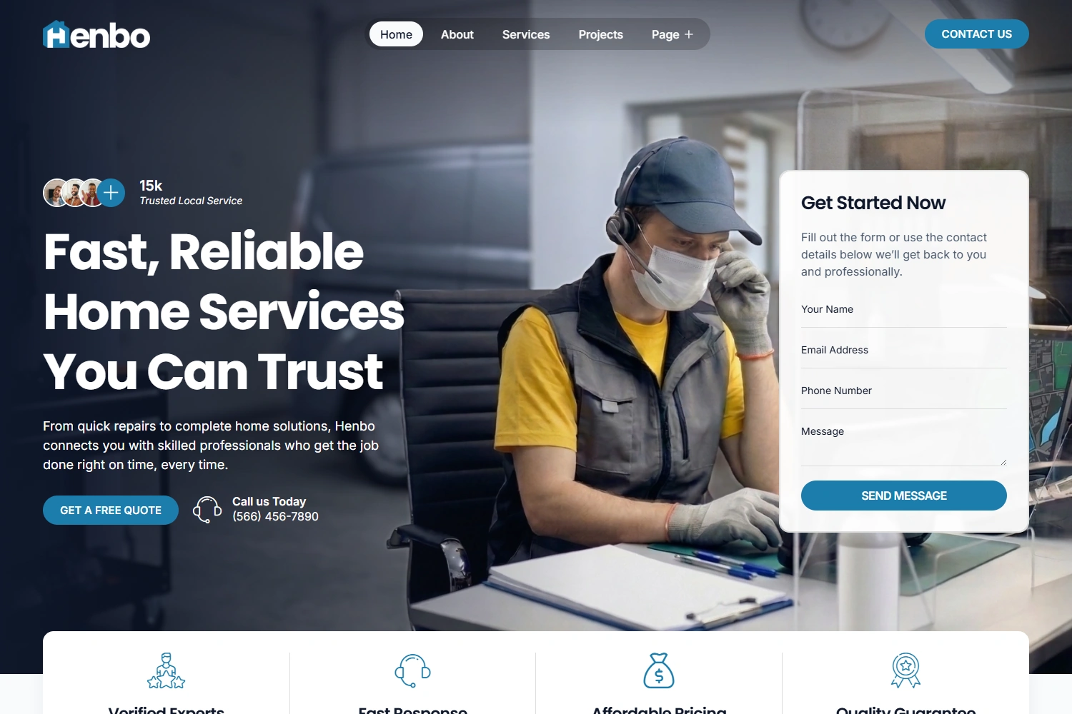 Henbo home services WordPress template homepage hero section preview