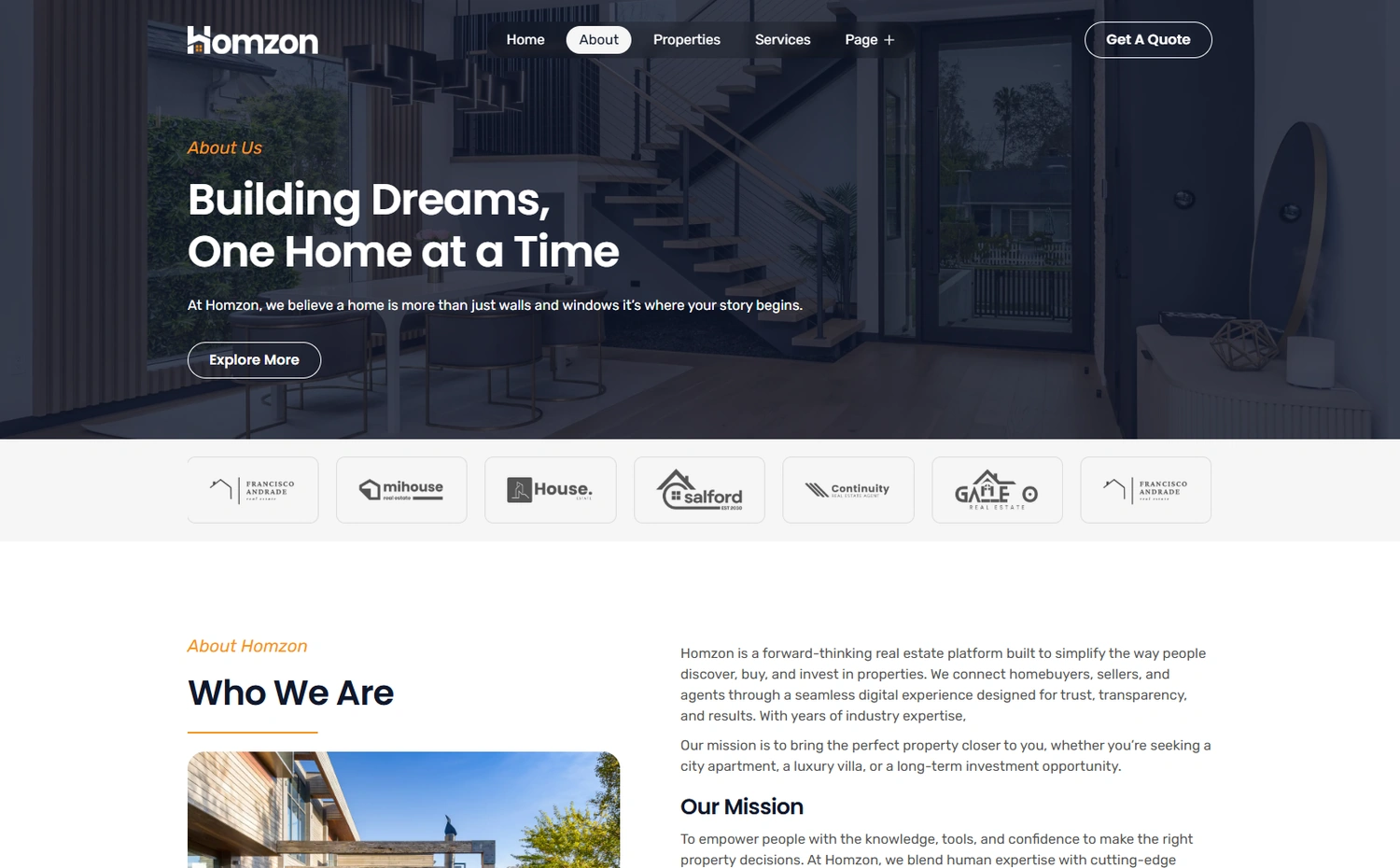 Homzon WordPress Elementor template About section layout