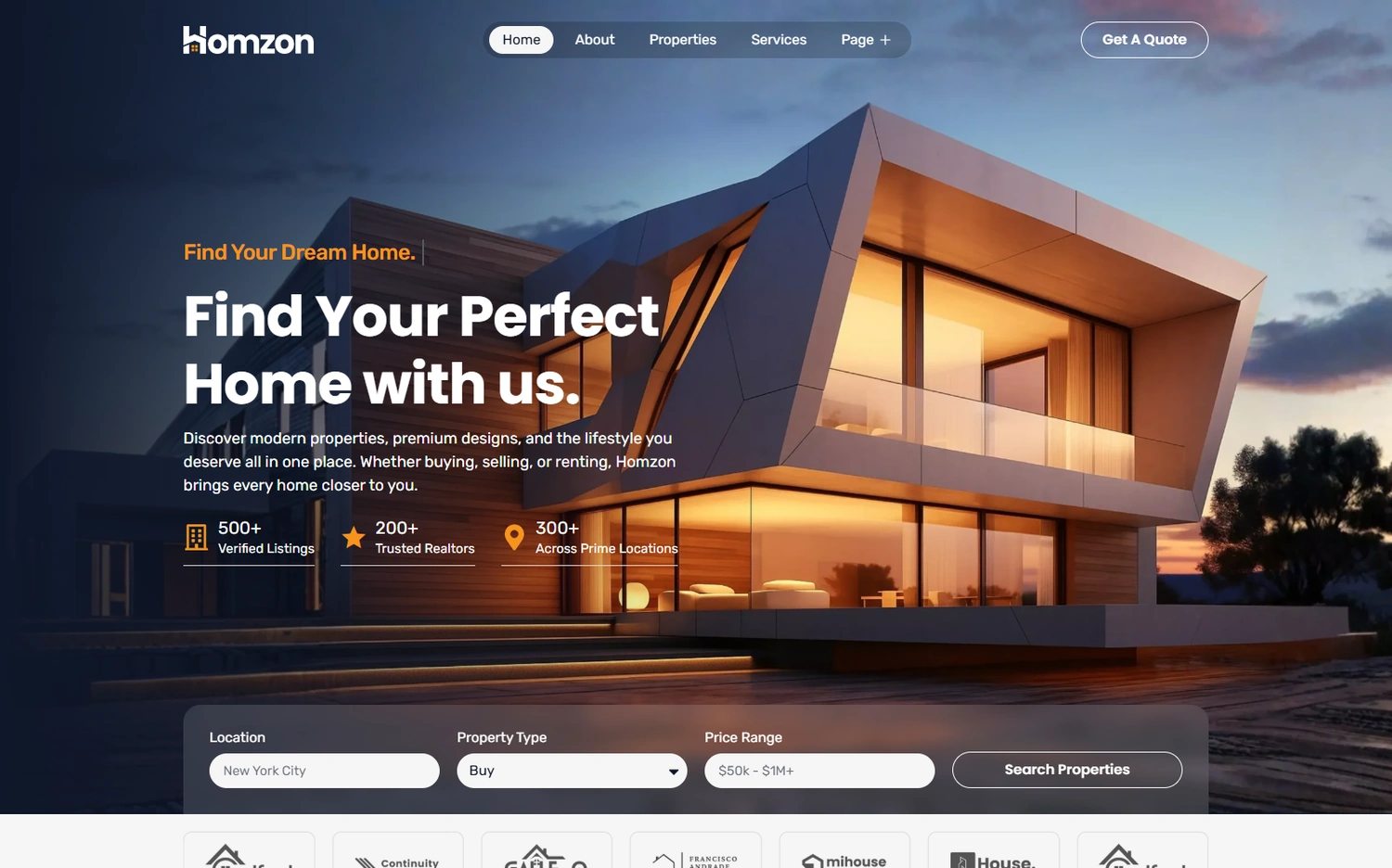Homzon real estate WordPress template homepage hero section preview