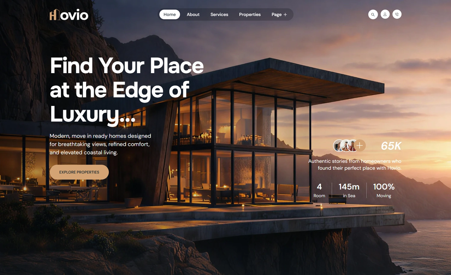 Hovio real estate WordPress template homepage hero section preview