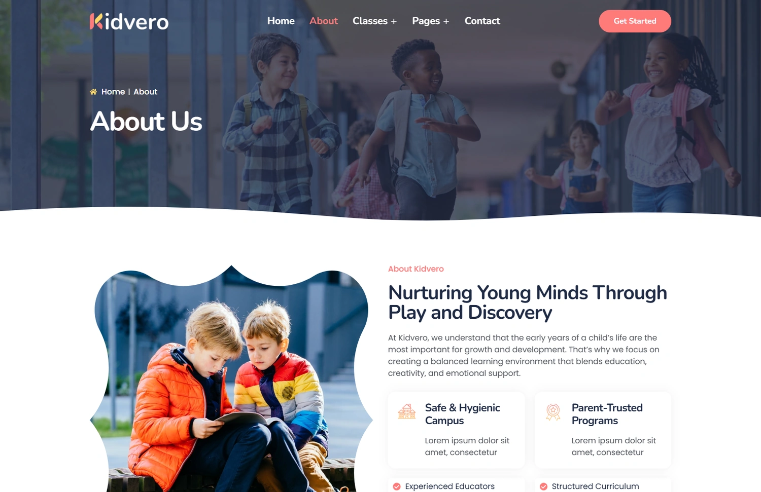Kidvero WordPress Elementor template About section layout