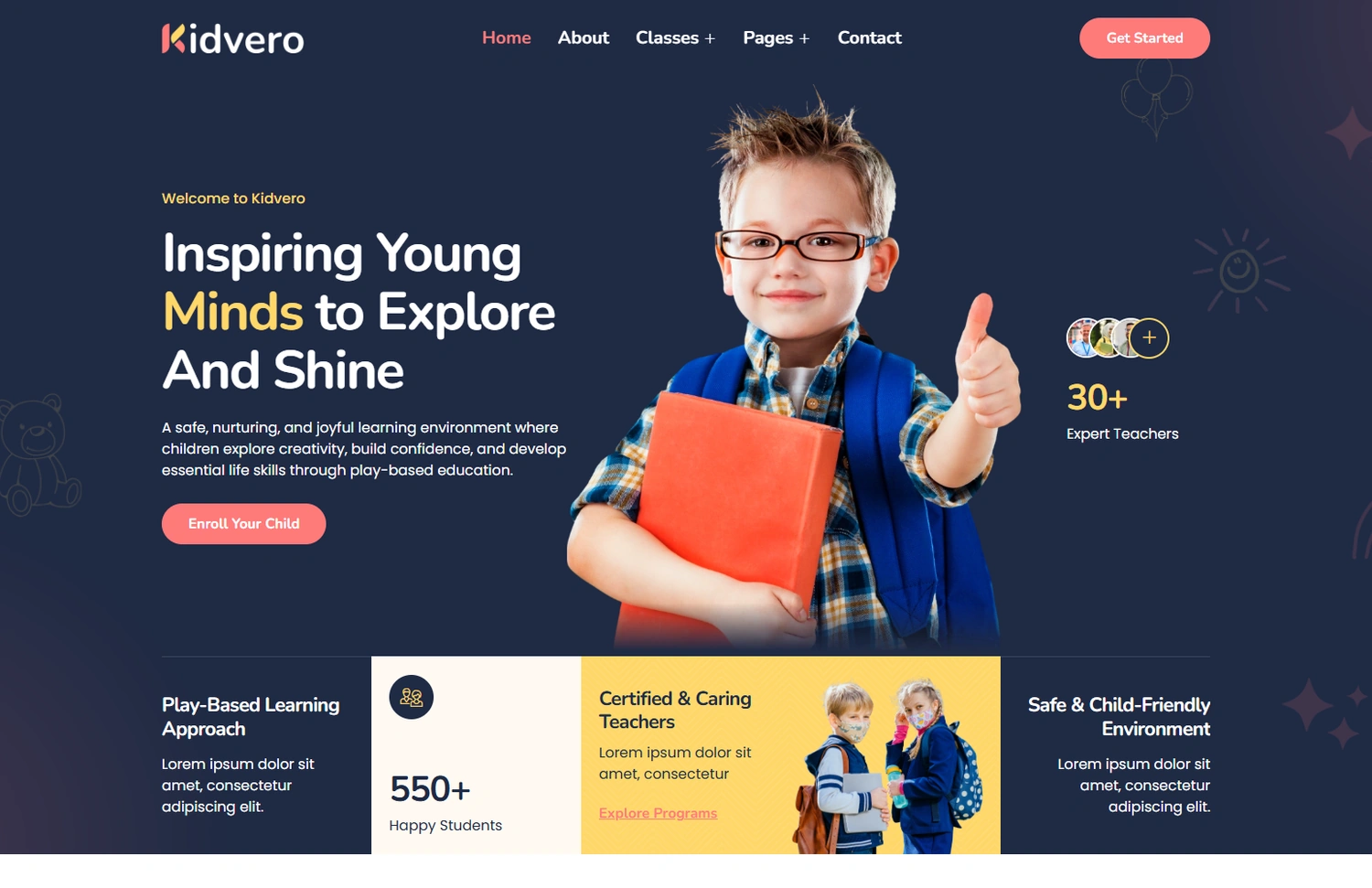 Kidvero education creative WordPress template homepage hero section preview