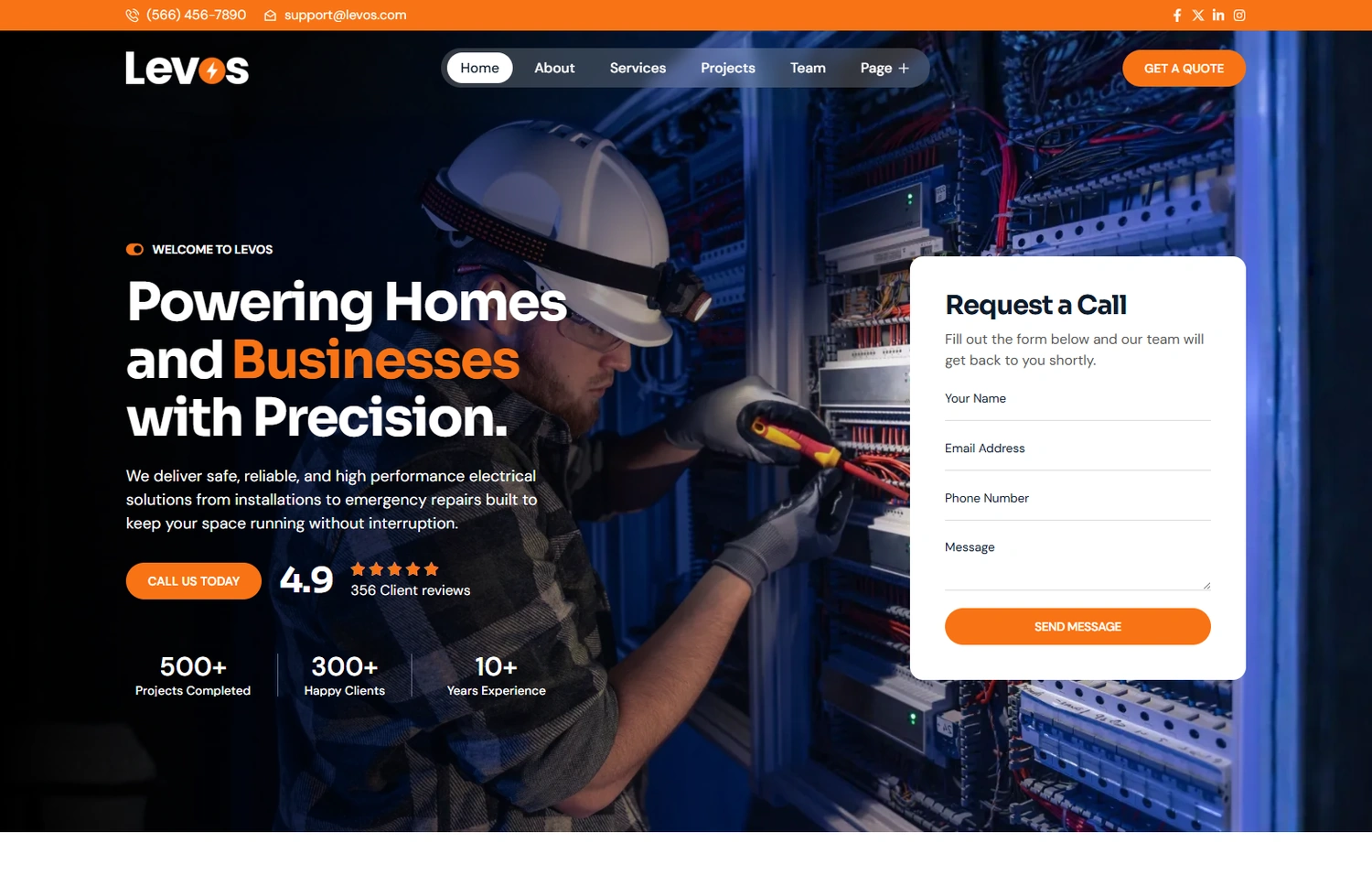 Levos repair services WordPress template homepage hero section preview