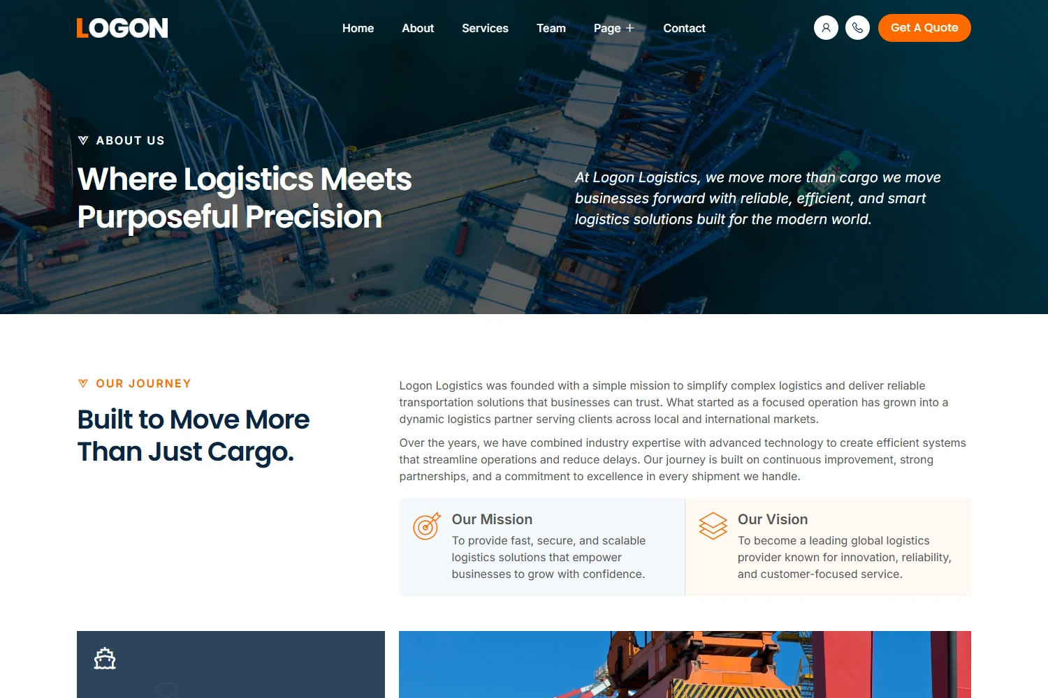 Logon WordPress Elementor template About section layout for transport companies