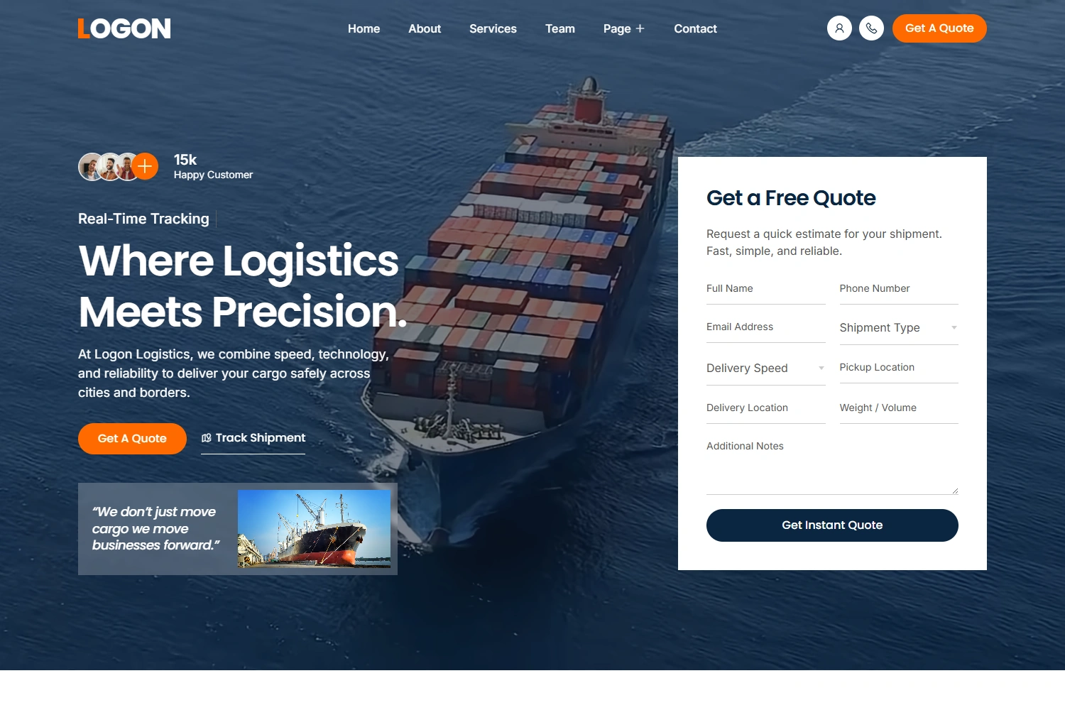 Logon logistics WordPress template homepage hero section preview