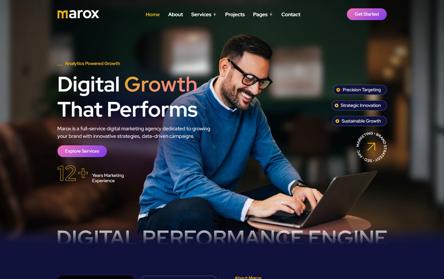 Marox marketing agency WordPress template homepage hero section preview