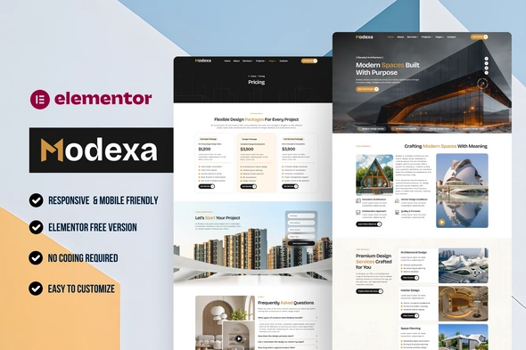 Modexa interior design WordPress template homepage hero section preview