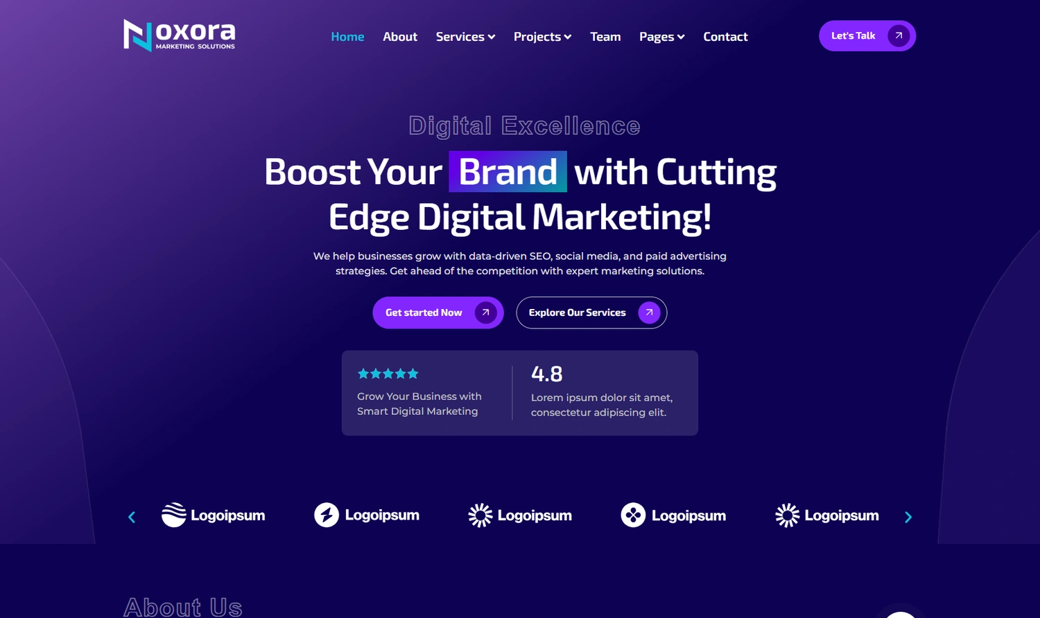 Noxora marketing agency WordPress template homepage hero section preview
