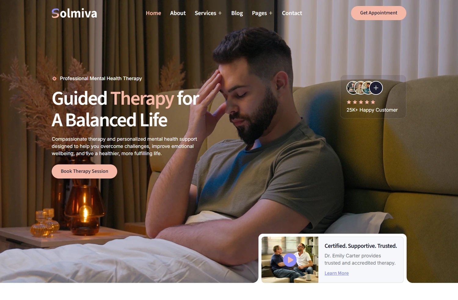 Solmiva addiction mental health WordPress template homepage hero section preview