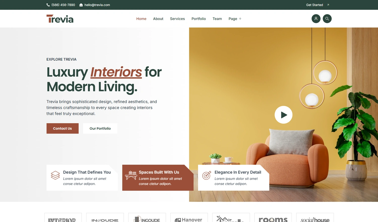 Trevia interior architecture WordPress template homepage hero section preview