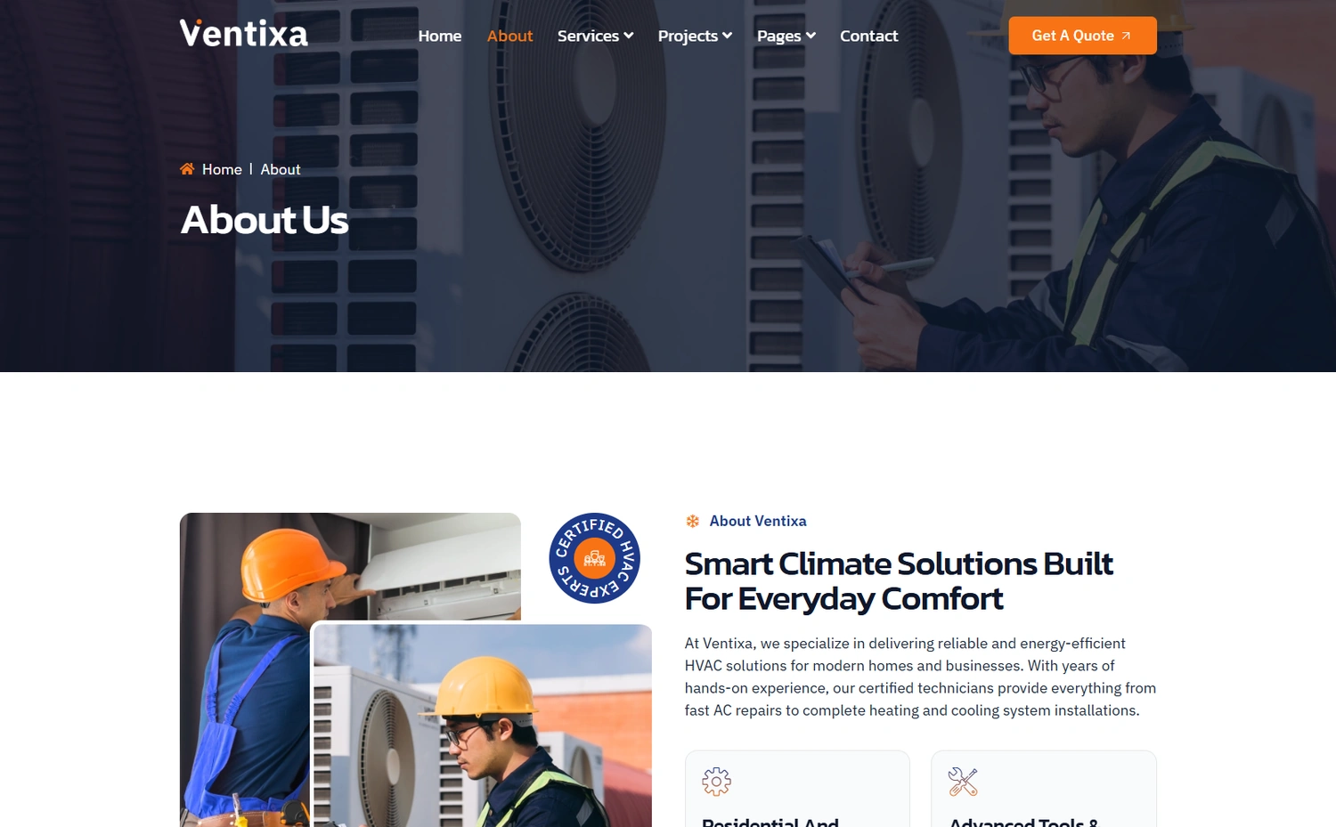 Ventixa WordPress Elementor template About section layout
