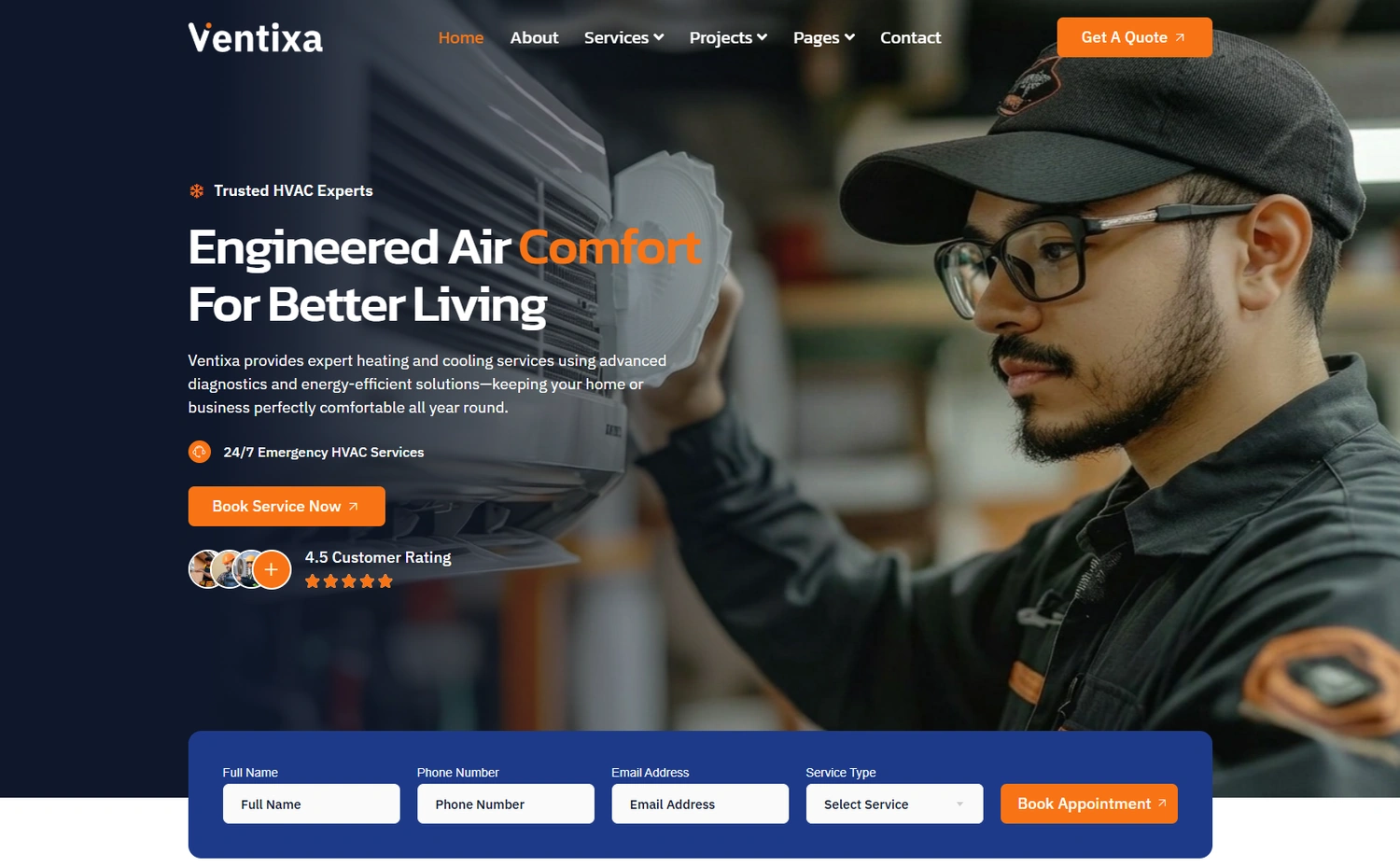 Ventixa home services WordPress template homepage hero section preview