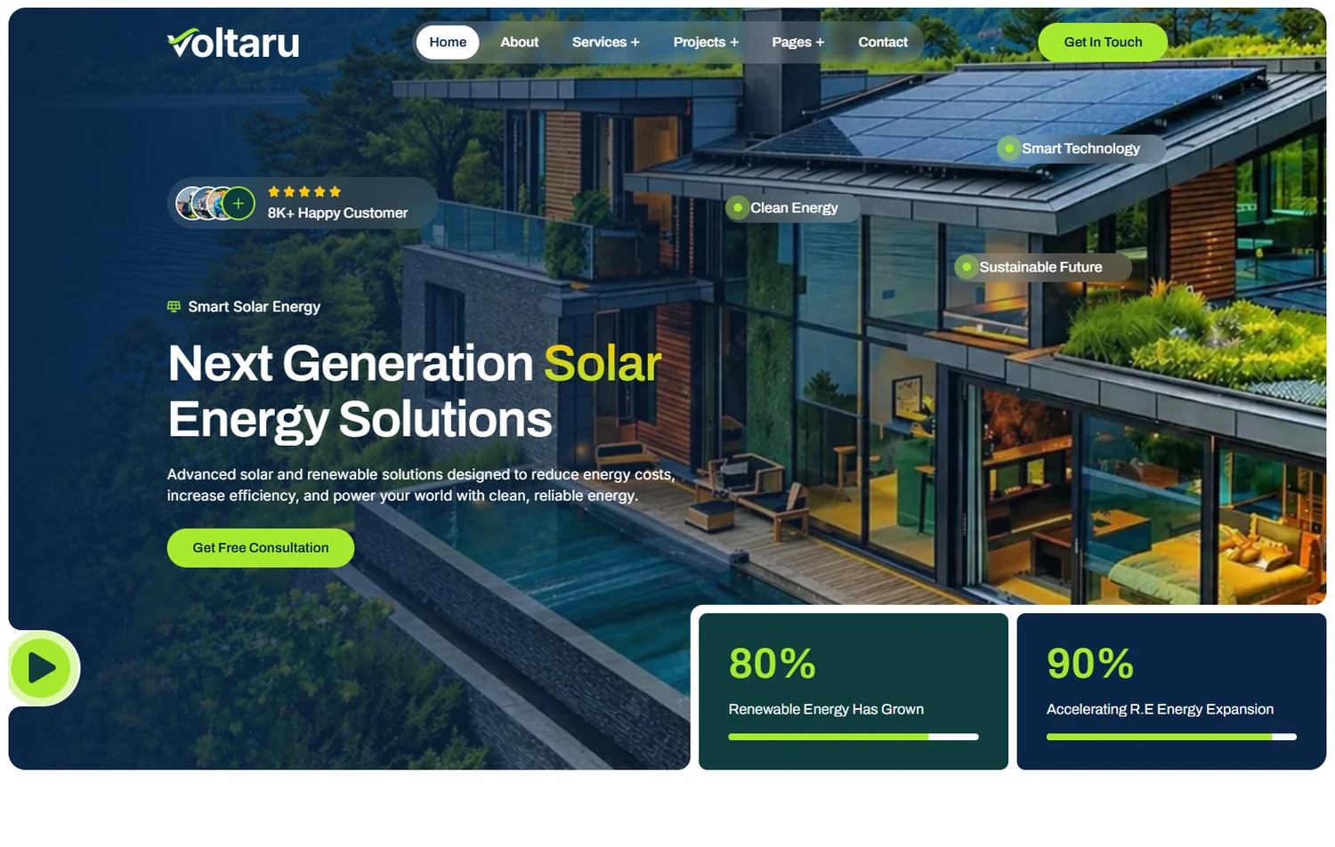 Voltaru solar energy WordPress template homepage hero section preview